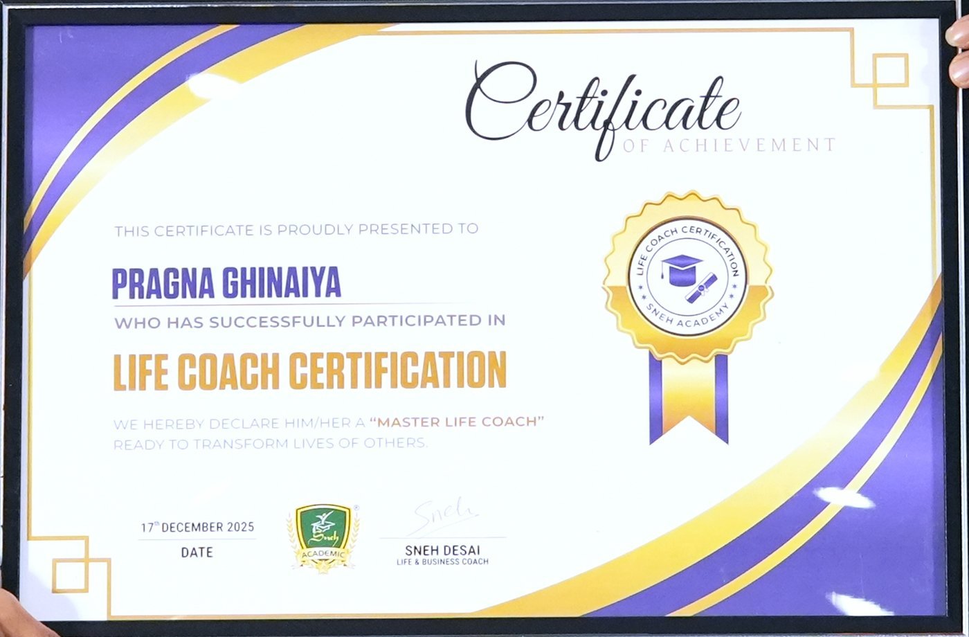 Home Life Coach Certification certificate, Sneh Academy