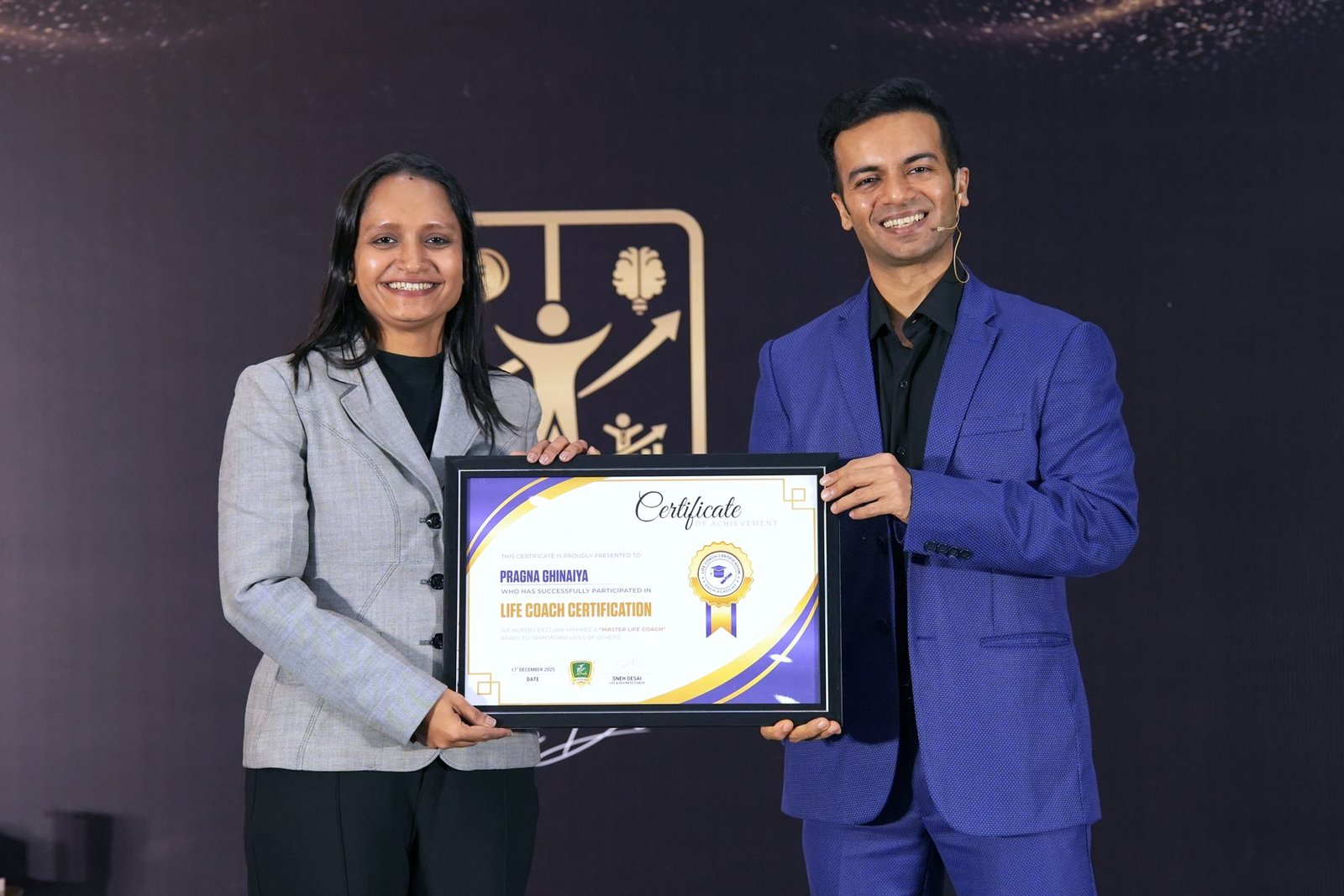 About Pragna Ghinaiya receiving her Life Coach Certification from Sneh Desai, December 2025