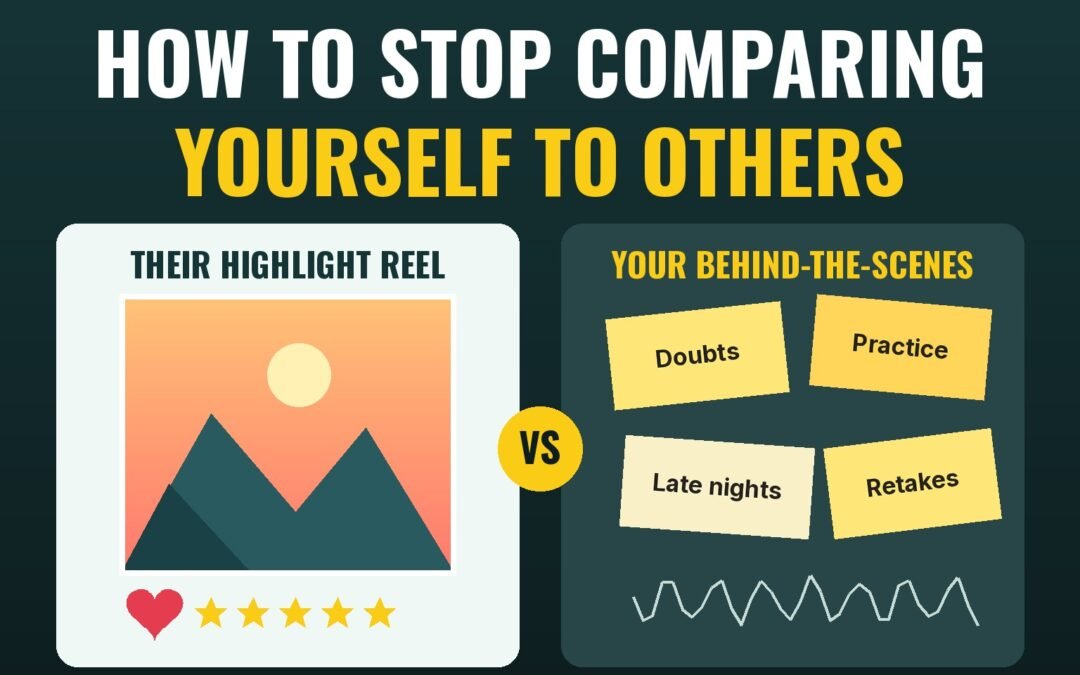 Split screen of a polished highlight reel photo versus sticky notes reading Doubts, Practice, Late nights and Retakes, titled How to Stop Comparing Yourself to Others